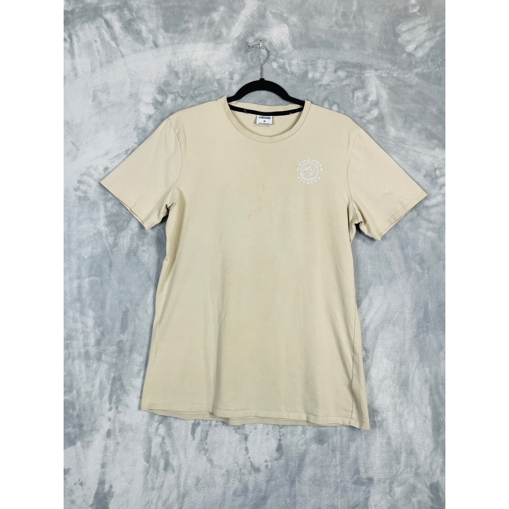 Gymshark T-Shirt Mens Medium Tan Good Fitness Shark Graphic Logo Tee